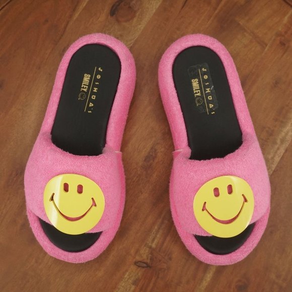 Smiley x Joshuas Womens Slide Sandals Size 39 / 9 Pink Terry Cloth Yellow Face - Picture 8 of 11